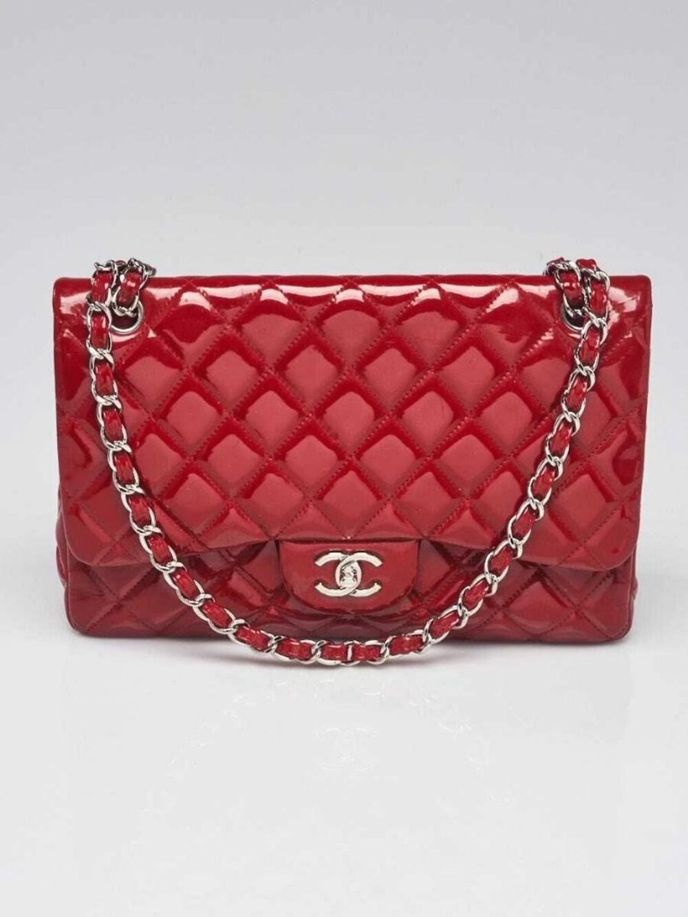 Chanel Red Quilted Patent Leather Classic Jumbo Double Flap Bag